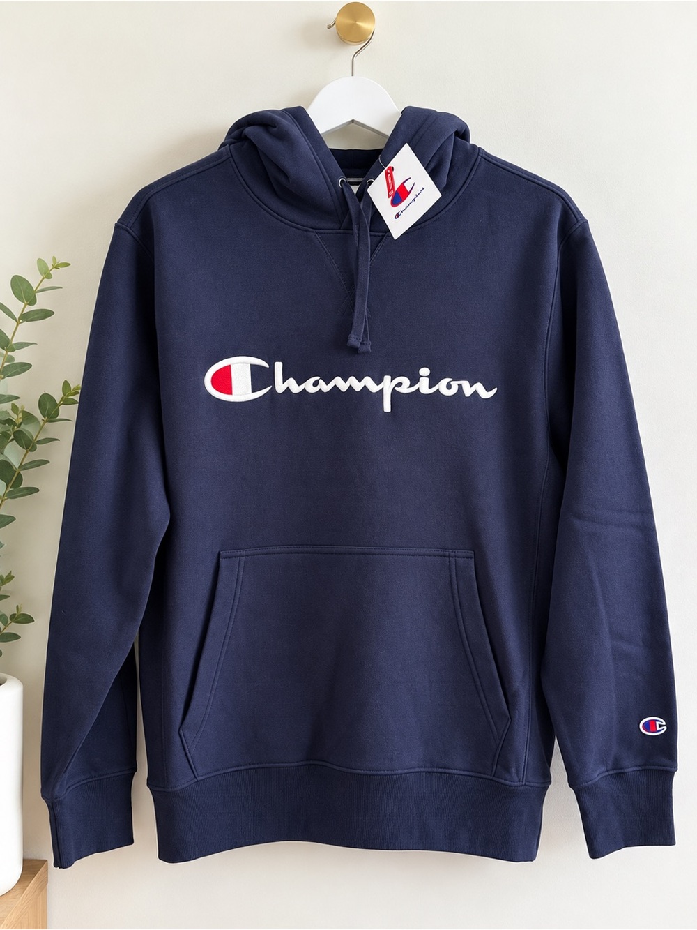 Champion Navy Blue Crewneck Hoodie with White & Red Logo